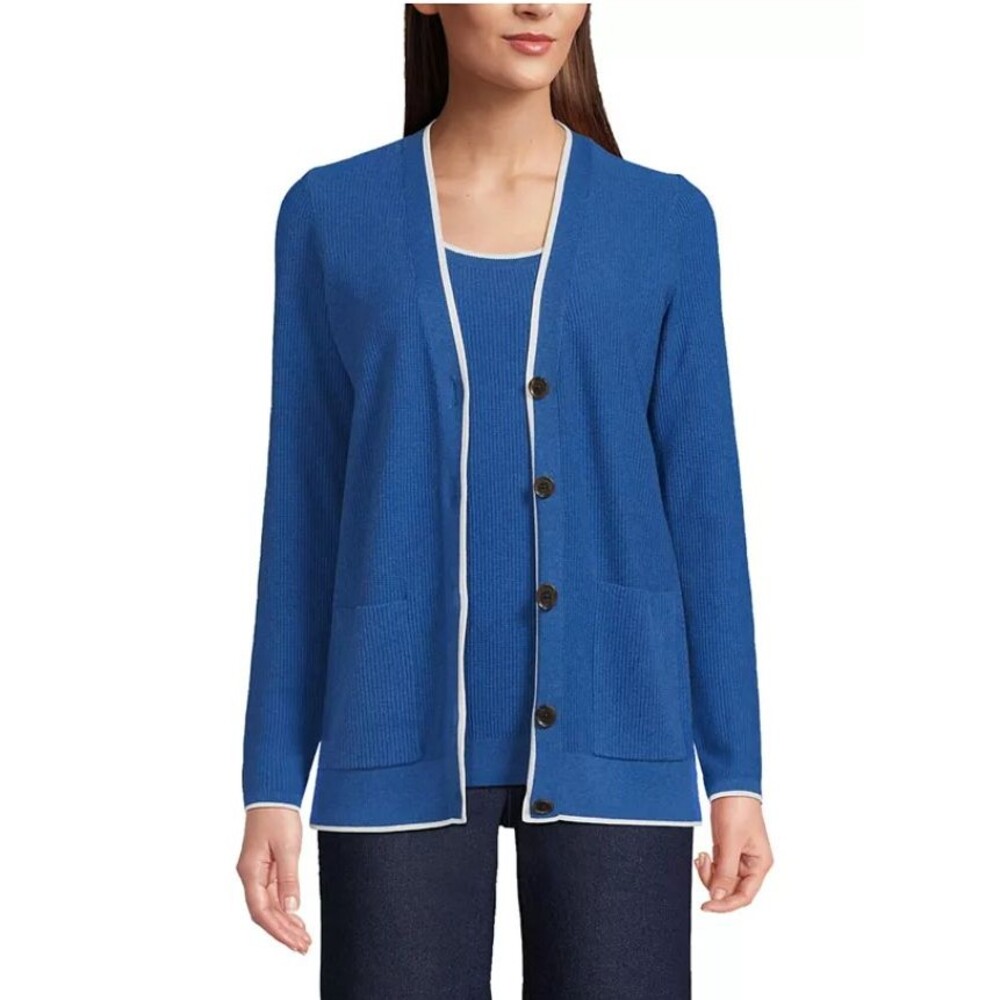 Lands' End Women's Fine Gauge Cotton Cardigan & Tank Sweater Set Medium